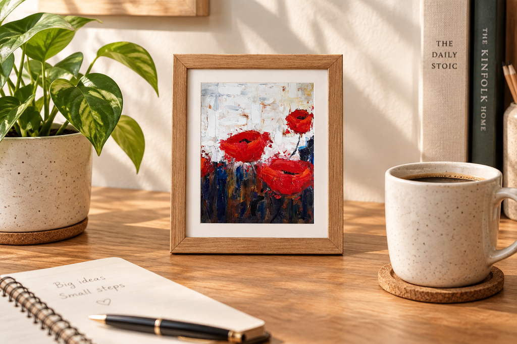 Field Poppies #1 giclée print on a desk with plant and coffee mug