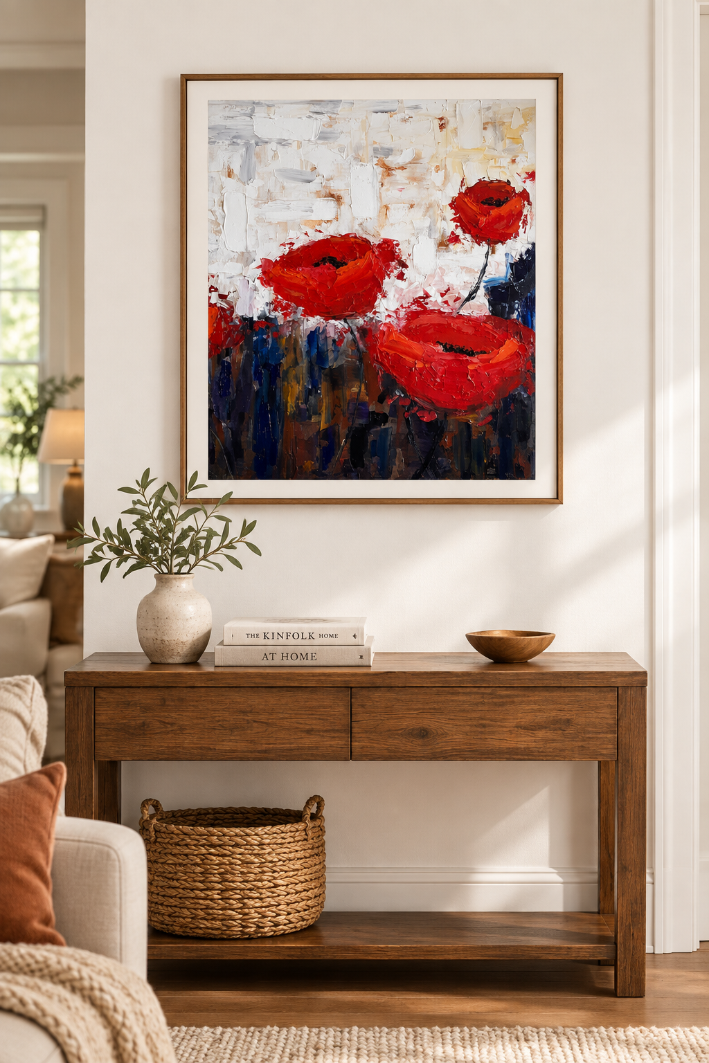 Field Poppies #1 giclée print above a console table