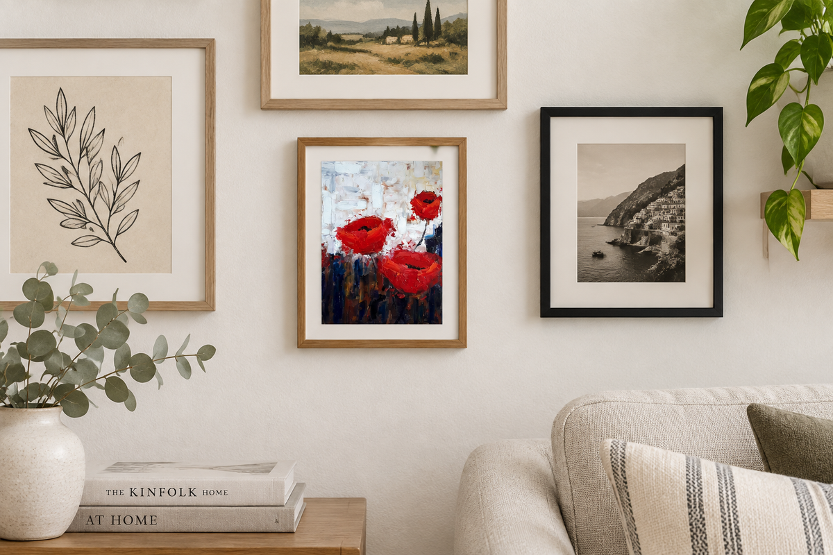 Field Poppies #1 giclée print as part of a gallery wall
