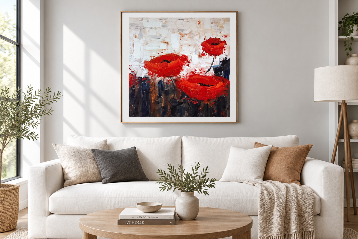Field Poppies #1 giclée print in a modern living room
