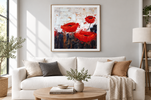 Field Poppies #1 giclée print in a modern living room